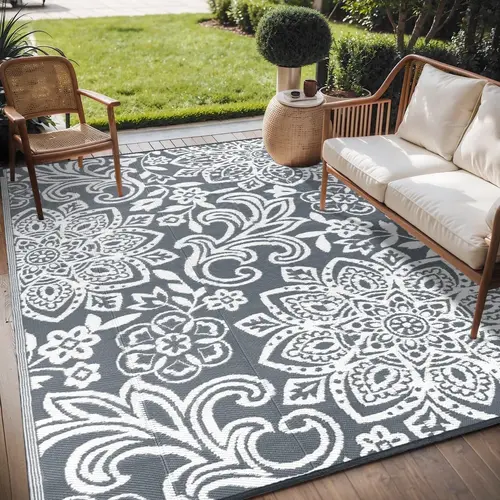 LOKHOM Modern Floral Reversible PVC Outdoor Patio Rug - 9x12 ft Knotted Non-Slip, Waterproof, Heat-Insulating, Stain-Resistant Plastic Straw Mat with Fold & Carry Bag for Balcony, Patio, Patio Rugs, Pvc Outdoor Rug