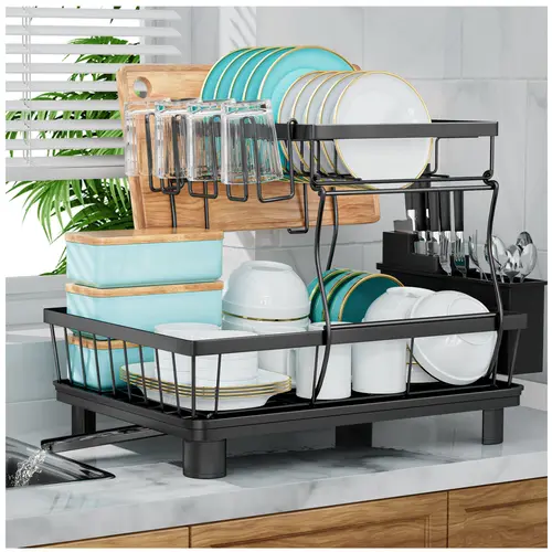 7 CODE Large Dish Drying Rack for Kitchen Counter, Detachable Large Capacity Dish Drainer Organizer with Utensil Holder, 2-Tier Dish Drying Rack with Drain Board, Black,dorm room inspo,college dorm essentials,dorm haul