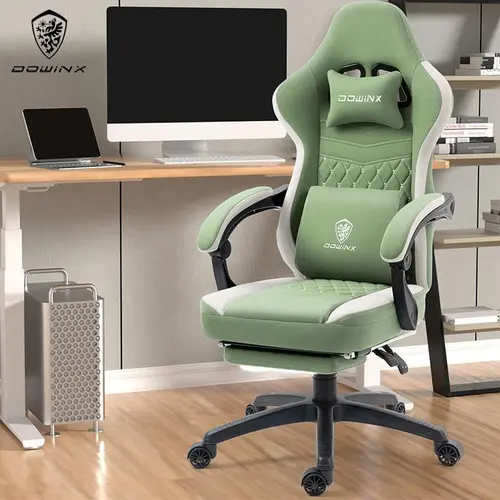 Dowinx Gaming Chair with Pocket Spring Cushion, Breathable Fabric Computer Chair with Gel Pad, Comfortable Office Chair with Storage Bag, Massage Game Chair with Footrest