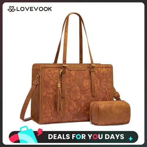 LOVEVOOK Canvas Laptop Tote Bag 15.6 & 17.3 inches for Women with Clutch Purse, Lightweight Tote Bag with 2 Cup Holder, Purses for Women, Computer bag for Work, Office, Casual.  TikTokShopBackToSchool