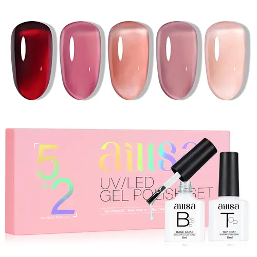 AILLSA 7-Piece Jelly Nail Polish Kit - Cosmetic Beauty Manicure Set with Burgundy, Nude, Soak-Off UV Formula, Base Coat,Glossy Top Coat, Ideal for DIY Starters, Gel X At Home, Gifting to Mom, Natural Nails Care, Jelly Gel,TikTokShopBackToSchool sohochic,