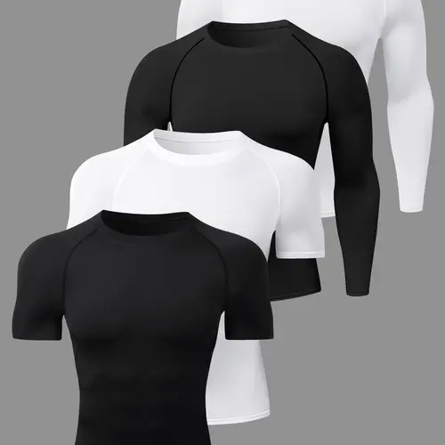 Men's Plain Round Neck Sports Tee, 2 Counts Short Sleeve Top & 2 Counts Long Sleeve Top, Quick Drying Breathable T-shirt, Dry Fit Performance Tees, Summer Fall Outfits, Athletic Top, Fitness Sport Top, Workout Tops
