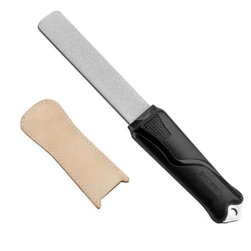 SHARPAL Dual-Grit Stainless Steel Diamond Sharpening Stone - Ergonomic Hand Tool Sharpener File for Knives, Kitchen Use, 325 Coarse/1200 Extra Fine Grits 325/1200, Dry Edge Setting, Cowhide Leather Strop Sheath