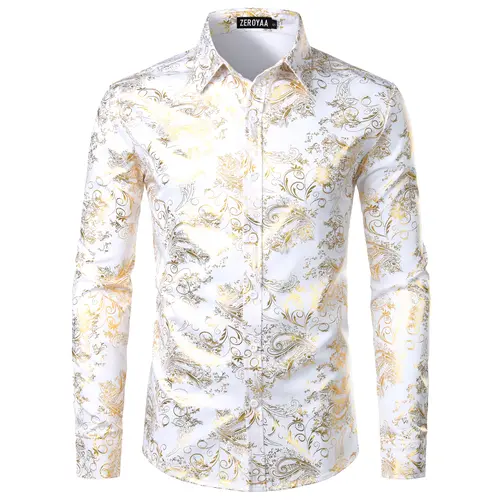 ZEROYAA Men's Luxury Paisley Dress Shirt Shiny Floral Printed Button Down Shirts for Party Prom Casual Elegant Father's Day Gift for Boyfriend Dad Gifts Black People Menswear Fabric Long Sleeve Top Vneck,back to school,back to school shopping