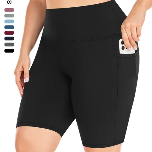 Plus Size Plain High Waist Pocket Design Skinny Shorts, Casual Fitness Stretchy Athletic Shorts Comfy Breathable High Stretch Seamless Shorts for Daily Outdoor Sport, Women's Bottoms for Summer