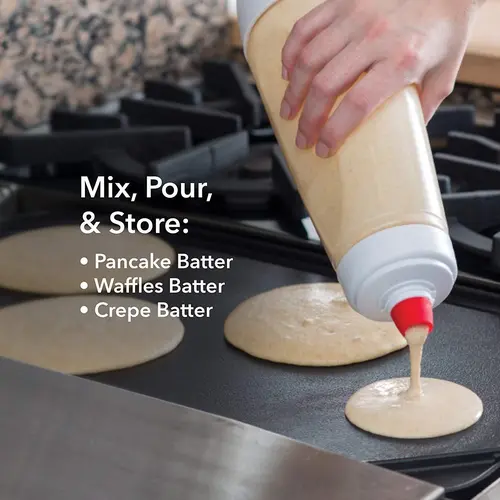 MIUVA Pancake Batter Dispenser and Mixer with BlenderBall for Pancakes Waffles Muffins & Cupcakes Easy Pour Spout Reusable Plastic Silicone Kitchen Bakeware 4.5 Cup Capacity cooking utensils Value Pack Spring Kitchen Gadgets deals for you restock