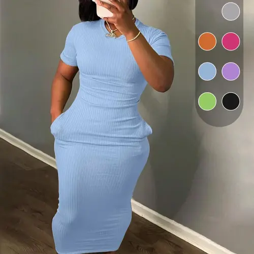 Plus Size Plain Pocket Round Neck Bodycon Fit Dress, Casual Aesthetic Short Sleeve Ribbed Long Dress for Summer, Women's Clothes for Daily Wear, Womenswear, Bodycon Knit Dress