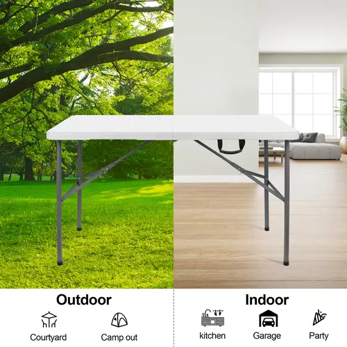 4FT Rectangular Plastic & Steel Folding Picnic Table - Fold-in-Half Design with Lock, Handle, Flat-Folding for Easy Garage Storage, Quick Leg Locking, Ideal for Garden Camping (White)