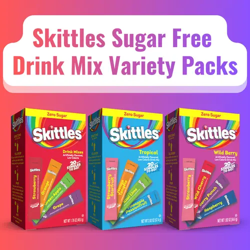 Skittles Sugar-Free Instant Powder Drink Packets, 20ct Variety Packs with Original, Tropical, or Wild Berry Flavors - Low-Calories Hydration Powder Drink