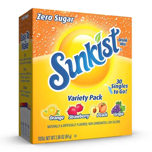 Sunkist Low Calorie Soda Stick Drink Mix Flavoring Powder Variety Pack - Orange, Strawberry, Grape, Peach Flavors (30 Total Sticks) - Beverage, Packaged Drink Mix Alternative