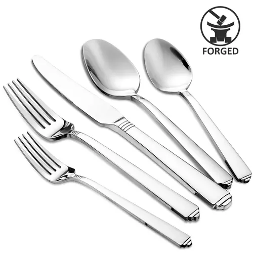 20-Piece Hot Forged Stripes Heat-Safe Steel Cutlery Set - 4-Person Silverware with Spoons, Forks, Knives, Dessert Spoons, Corrosion-Resistant, Dishwasher-Safe, Smooth, Everyday Hand Wash Tableware for Home, Wedding-Ready Utensils