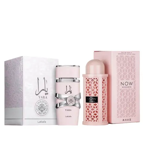 Lattafa Women's Floral EDP Perfume Multi-Pack, Yara + Rave Now Pink Alcohol Base Fragrance Set [Set of 2] 3.4 fl oz Per Bottle