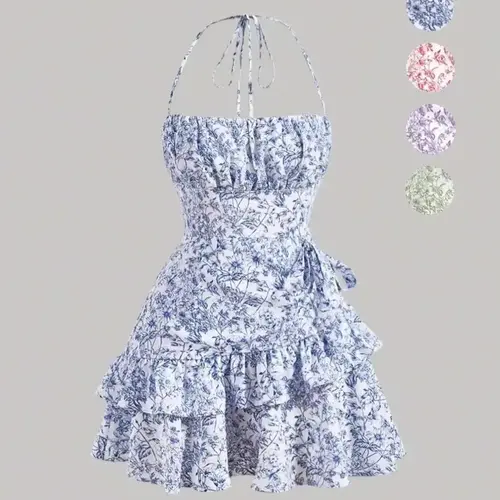 Women's Ditsy Floral Print Ruffle Trim Front and Back Tie Cami Dress, Bohemian Boho Backless Tiered Halter-Neck Short Dress for Beach Holidays, Ladies Summer Clothes