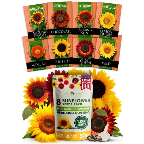 Sunflower Seeds for Planting 8 Varieties - 1000+ Seeds Including Mexican, Sunspot, Velvet Queen, Wild, and Lemon Queen