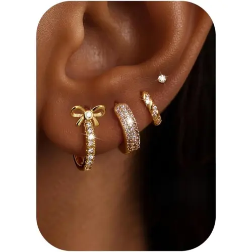 CASSIECA Hoop Earrings for Women S925 Sterling Silver Post Chunky Cartilage Earring Stacks Non Tarnish 14K Plated Gold Filled Small Hoops Stud Set Jewelry, Earring Stack, Tarnish Proof Jewelry Summervibes