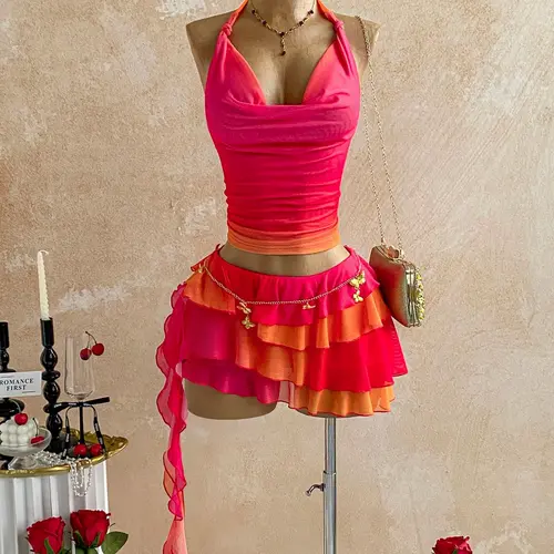 Women's Sexy Vacation Style Gradient Halter Top & Ruffled Hem Skirt Two-Piece Set, Summer Casual Wear, Casual Chic Set