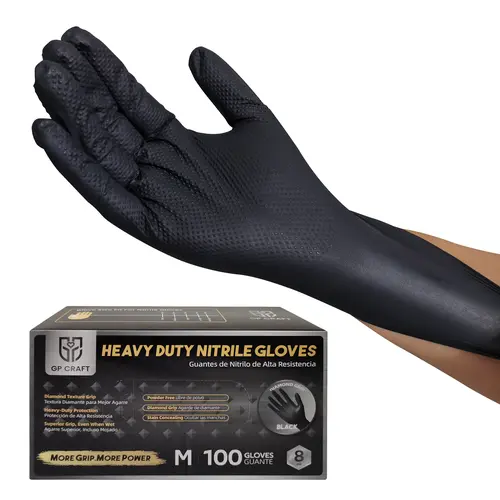 8 mil Thick Black Nitrile Disposable Gloves - Heavy-Duty, Diamond-Textured Grip, Latex & Powder-Free, Stretchy Elastic, Abrasive Resistant, Tight Fit, Oil Barrier, Industrial & Home Cleaning Essentials