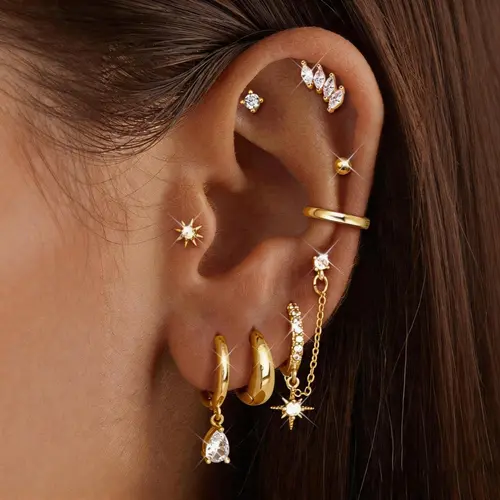 CASSIECA 8Pairs Earrings Stack Set for Women Gold-Plated Hypoallergenic Chain Cartilage Pieces Silver Huggie Hoop Studs for Multiple Piercings Lightweight Jewelry For Women Summervibes