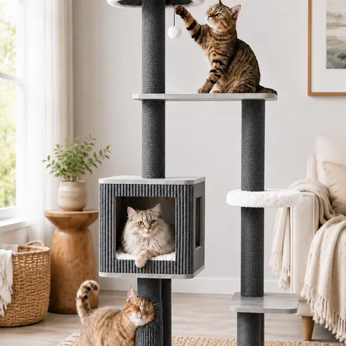 Modern Cat Tree Tower for Indoor Cats, Wooden Style 5-Level Cat Furniture with Plush Top Perch, Cozy Condo, Washable Cushions, Sisal Scratching Posts & Grooming Brush for Large Cats