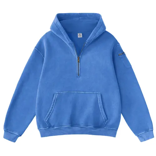 FAIABLE Unisex Oversized Half Zip Hoodie for Men and Women– Heavyweight Fleece Vintage Acid Wash Pullover with Kangaroo Pocket and Utility Sleeve Pocket, Casual Streetwear Style for Everyday Comfort