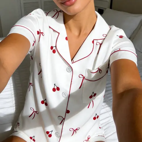 Women's Cherry Bow Printed Sleepwear Set, Short Sleeve Shorts Lapel Open Front Home Wear Two-Piece Set, Comfortable Sofa Loungewear, Cute