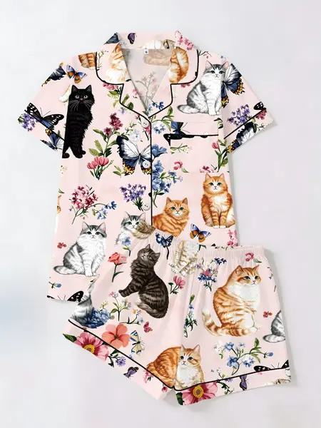 Cute Cat Garden Floral Print Short Sleeve Shorts Pajama Set, Fitted Casual Homeewear for Women, Loungewear, All Seasons Wear, Two-Piece Sleepwear