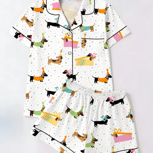 Women's Trendy Aesthetic Colorful Sausage-Dog Print Loungewear Set, Short-Sleeve Top and Shorts Sleepwear Set, Two-Piece Casual Fitted Pajama Suit, Nightwear Pajama Set for All Seasons