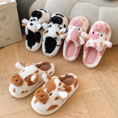 Women's Cute Cow Slippers, Plush Memory Foam Trendy Casual Slippers with Anti-Skid Sole, Warm Indoor Outdoor House Footwear, Gifts for Women