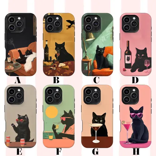 Black Cat Cocktail Polycarbonate Phone Case - Tough TPU Inner Layer, Lightweight Durable Shockproof Shell, Retro Lounge Bar Aesthetic, Chip-Resistant, Precise Wireless Accessory for iPhone 17,16,15,14,13,12 (sohochic Customized Phone Accessories)