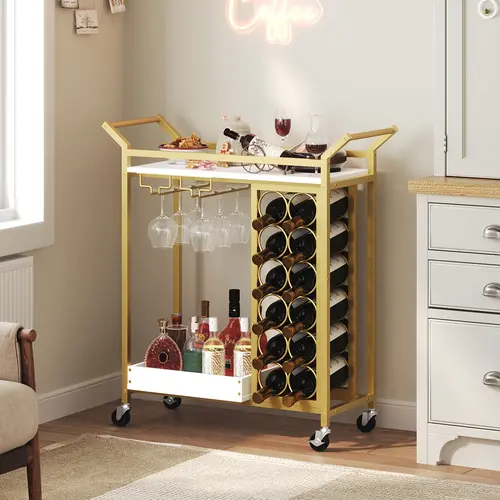 MAHANCRIS Bar Cart with Wine Rack and Glass Holder, 2-Tier Rolling Serving Cart for Kitchen, Party, Living Room, Holds 12 Bottles and 6 Glasses, Lockable Wheels, Gold and Marble White #SummerVibes#DealsforYouDays #SummerGarden