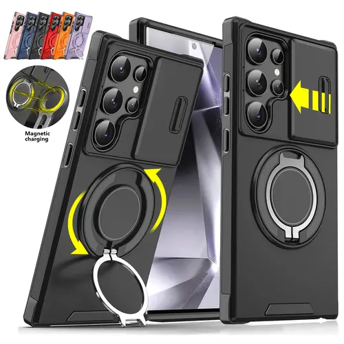 Smartphone Casing for Samsung Galaxy S26, S25 Ultra, S24, S23, S22 - Slim Magnetic Handheld Accessory with Slide Camera Cover, Rotating Kickstand Ring, Military Grade Shockproof Protection for Devices