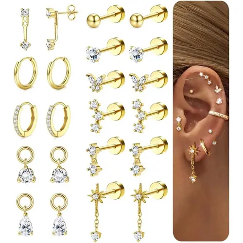 CASSIECA Women's Hypoallergenic 14 Karat Gold-Plated Surgical Steel Flat Back Earrings Set, Dainty Stacking Studs & Hoops for Piercings, Helix Piercing Earrings, Cartilage, Tragus, Daily Wear