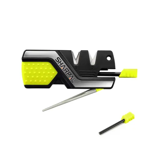 SHARPAL 6-In-1 Compact Pocket Knife Sharpener - Carbide/Ceramic Blades, Preset Angle, Fishhook Groove, Emergency Whistle, Pocket-Friendly, Quick New Edge Outdoor Survival Tool for Camping, Green