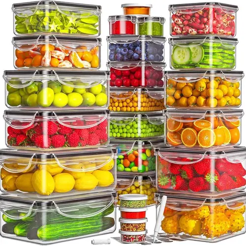 50PCS Polypropylene Food Storage Containers Set with Airtight Silicone Lids (25 Containers & 25 Lids) - Stackable, Round/Square/Rectangular, for Fridge Organization & Meal Prep, with Labels & Marker Pen (Food Hacks Essential)