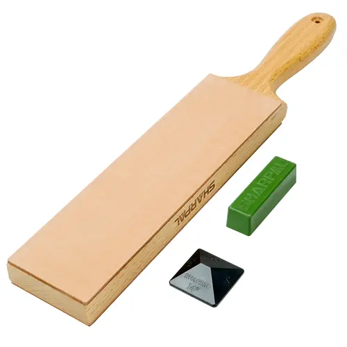 SHARPAL 205H Double-Sided Genuine Cowhide Leather Sharpening Strop with Green Polishing Compound, Angle Guide, Beech Block, 57g, 8.5"x2.4" (215x60mm) for Kitchen, Woodworking Sturdy Knives, Natural Wood Grain