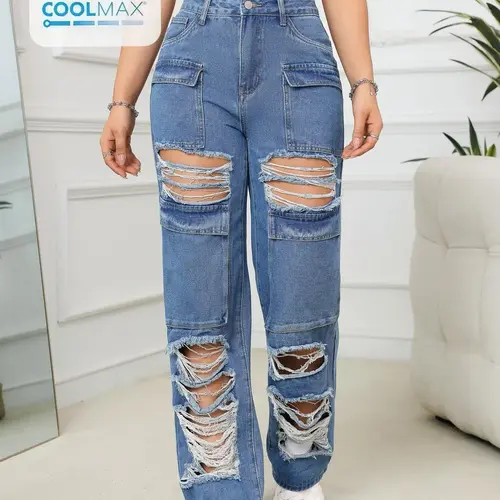 Women's Plain Ripped Fitted Straight Leg Flattering Jeans, Distressed Casual Comfy Denim Jeans, Casual Streetwear Fashion Flap Pocket Button Cotton Denim Trousers for Daily Wear, Ladies Bottoms for All Seasons Pants Womenswear Denim Clothing