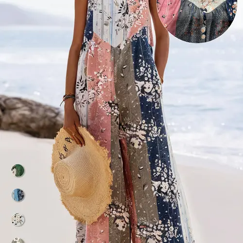 Plus Size All Over Print Floral Button Design Overall, Bohemian Boho Casual Sleeveless Wide Leg Jumpsuit for Beach Vacation, Womenswear for Summer