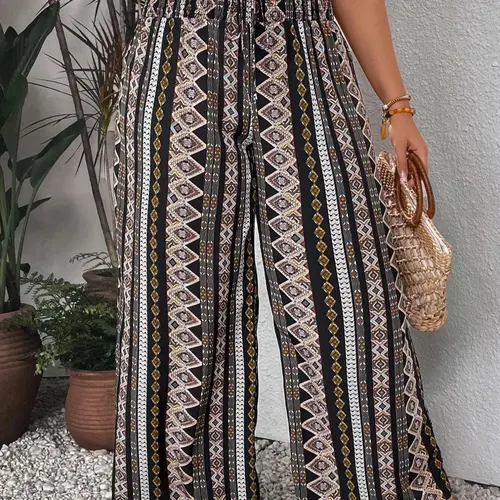 Plus Size Ethnic Pattern Frill Trim Shirred Wide-Leg Pants, Boho Casual High-Waisted Straigh-Leg Trousers for Daily and Vacation Wear, Casual Beach Pants, Women's Bottoms for Summer