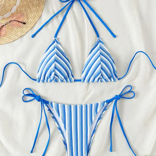 Two-piece Women's Striped Tie-Back Bikini Set, Casual Fashion Chic Halter Neck Swim Bra & Tie-Side Swim Panty Swimsuit for Summer, Ladies Bathing Suit for Beach Holiday, Swim Top Set, Striped Bikini Sets, Halter Neck Swimwear, Swimsuits Summer