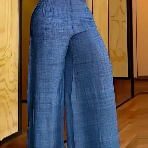 Plus Size Plain Shirred High Waist Wide Leg Fit Pants, Casual Comfy High Rise Palazzo Trousers for Daily Wear, Women's Casual Chic Bottoms for Summer, Casual Street Trousers