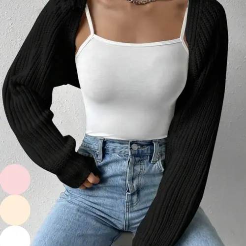 Women's Solid Long Sleeve Open Front Crop Cardigan Knitwear, Casual Solid Knit Cover Up for Daily Wear and Vacation, Ladies Outerwear for All Seasons