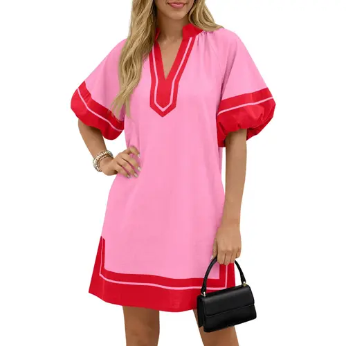 Wenrine Women's Vintage Summer Mini Dress - Puff Sleeve, V-Neck, Color-Blocked Look Pops, Side Slit, Loose Shirt Dress with Pockets for Casual Wear, Fashion Short-Sleeve Option