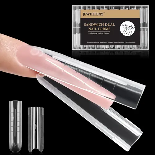 JEWHITENY 140 PCS Sandwich Nails Dual Forms:Long Square Reusable Nail Forms with Guide Lines,14 Sizes Nail Mold for Nails Extension,Salon & Home DIY Nail Art Tools