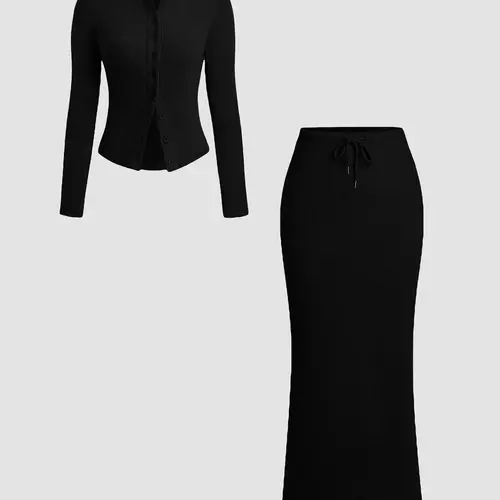 Women's Slim-Fit Long Sleeve Knitted T-Shirt Set Outfit, Casual Clothes, Button, Elegant A-Line Skirt, Spring & Fall Fashion, Basic Style, Moderate Fabric, Womenswear
