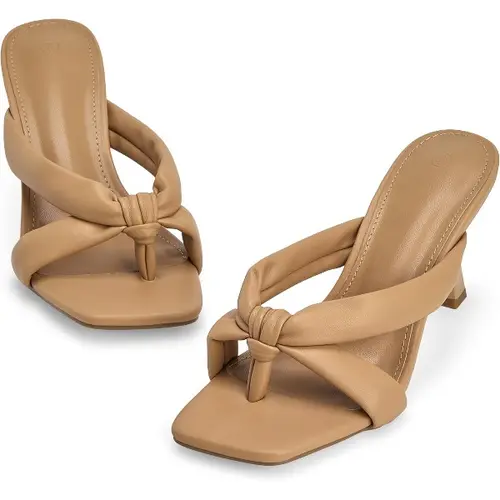 Coutgo Womens Thong Heels Mules Square Toe Heeled Flip Flops Mule Sexy Stiletto Dress Party Sandals