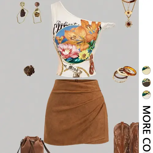 2-Piece Asymmetrical Floral Print Fitted Crop Top & Faux Suede Mini Skirt Set - Trendy Y2K Outfit for Music Festivals & Date Nights, Viral TikTok Set, Baddie Aesthetic, Womenswear, Fashion Clothes Set
