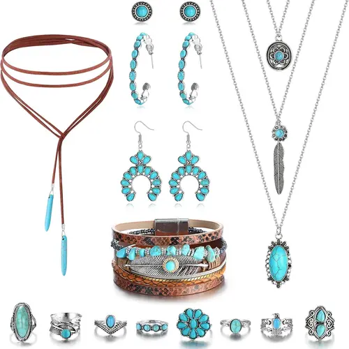 Helicopchain Western Jewelry for Women, Bohemian Style Jewelry Set, Turquoise Pendant, Adjustable Choker Necklace, Faux Leather Bracelet, Hoop & Dangle Earrings, Knuckle Rings, Jewellery