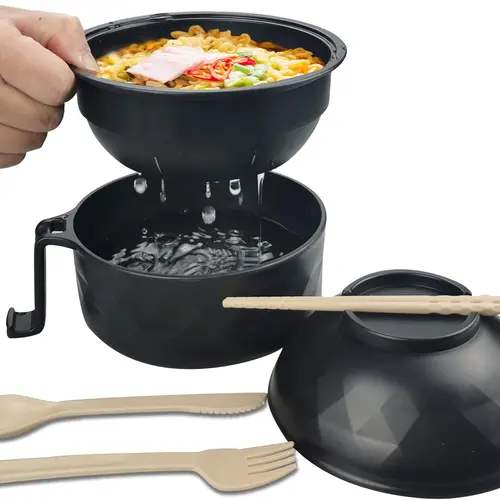 MIUVA Polypropylene Irregular Ramen Cooker Bowl Set (33oz,16.9oz) - Everyday Dinnerware Service Set with Chopsticks, Cover, Cutlery, Fast Meal Prep for College Dorms, Ideal for Heating Soup or Cereal, Adult