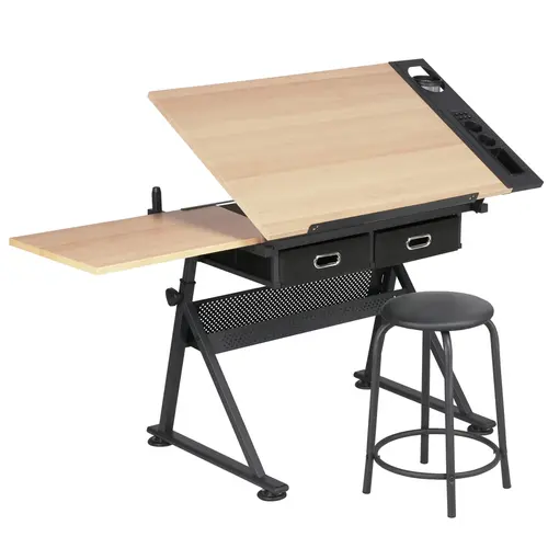 【Table & Stool Set】Costoffs Adjustable Drafting Table, Height & Angle Adjustable Art Desk with Storage Drawers, Side Tray, Pencil Ledge and Shelf for Drawing, Painting, Crafting and Study