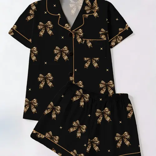 Elegant Gold Leopard Bow Printed Short Sleeve Shorts Set, Casual All Season Women's Sleepwear & Homeewear Two-Piece Suit